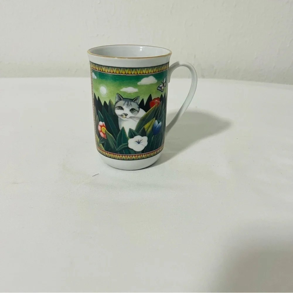 Vintage Russ Berrie Four Seasons Majestic Cat Mug Coffee Tea Beautiful Green